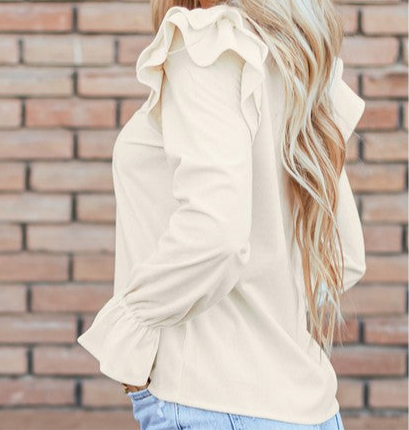 Beige Ruffled Flounce Sleeve Corduroy Blouse FREE SHIPPING