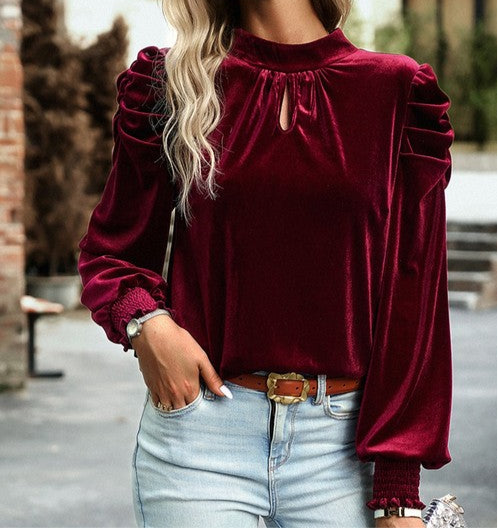 Puff Sleeve Key Hole Velvet Mock Smocked Blouse