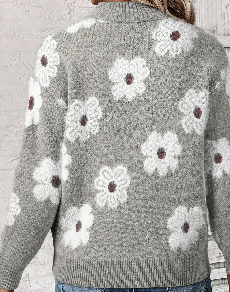 Flower Half Zip Long Sleeve Sweater