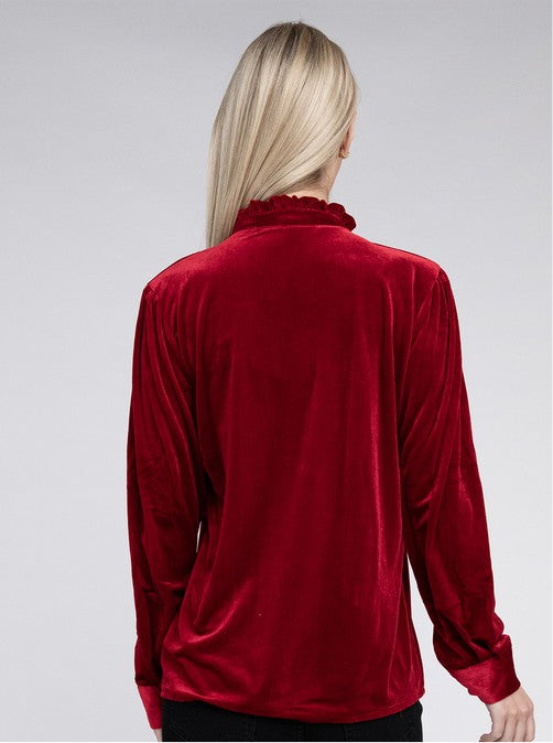 Frill Notched Neckline Velvet Blouse