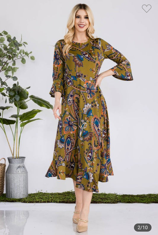 Celeste Olive pockets midi dress