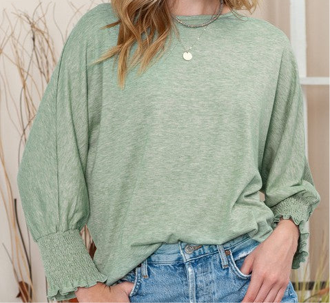 solid smocked oversized fall blouse top