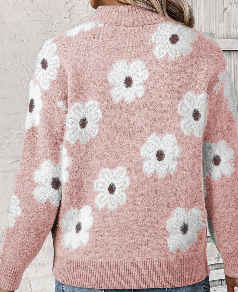 Flower Half Zip Long Sleeve Sweater