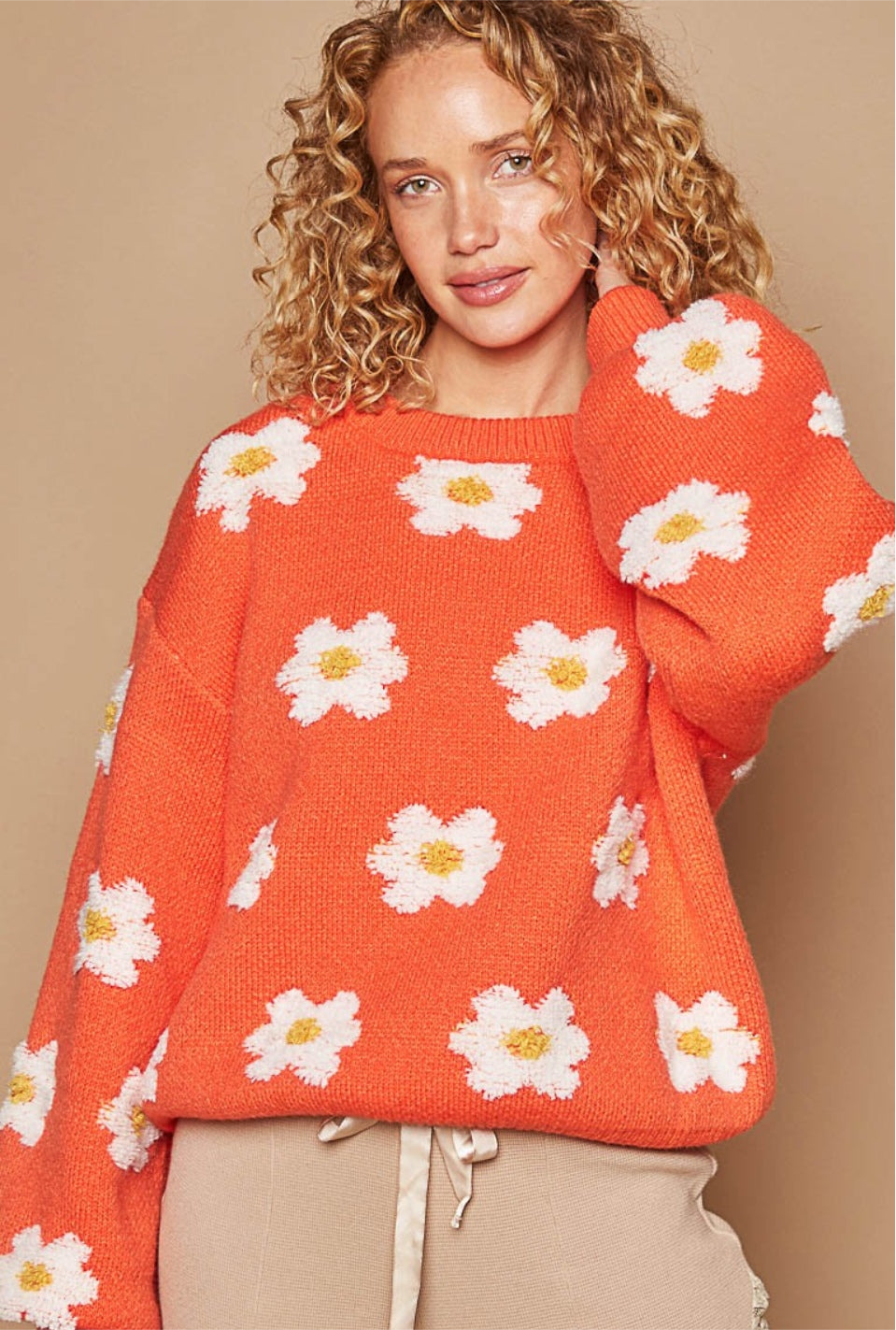 POL Daisy Pattern Drop Shoulder Sweater