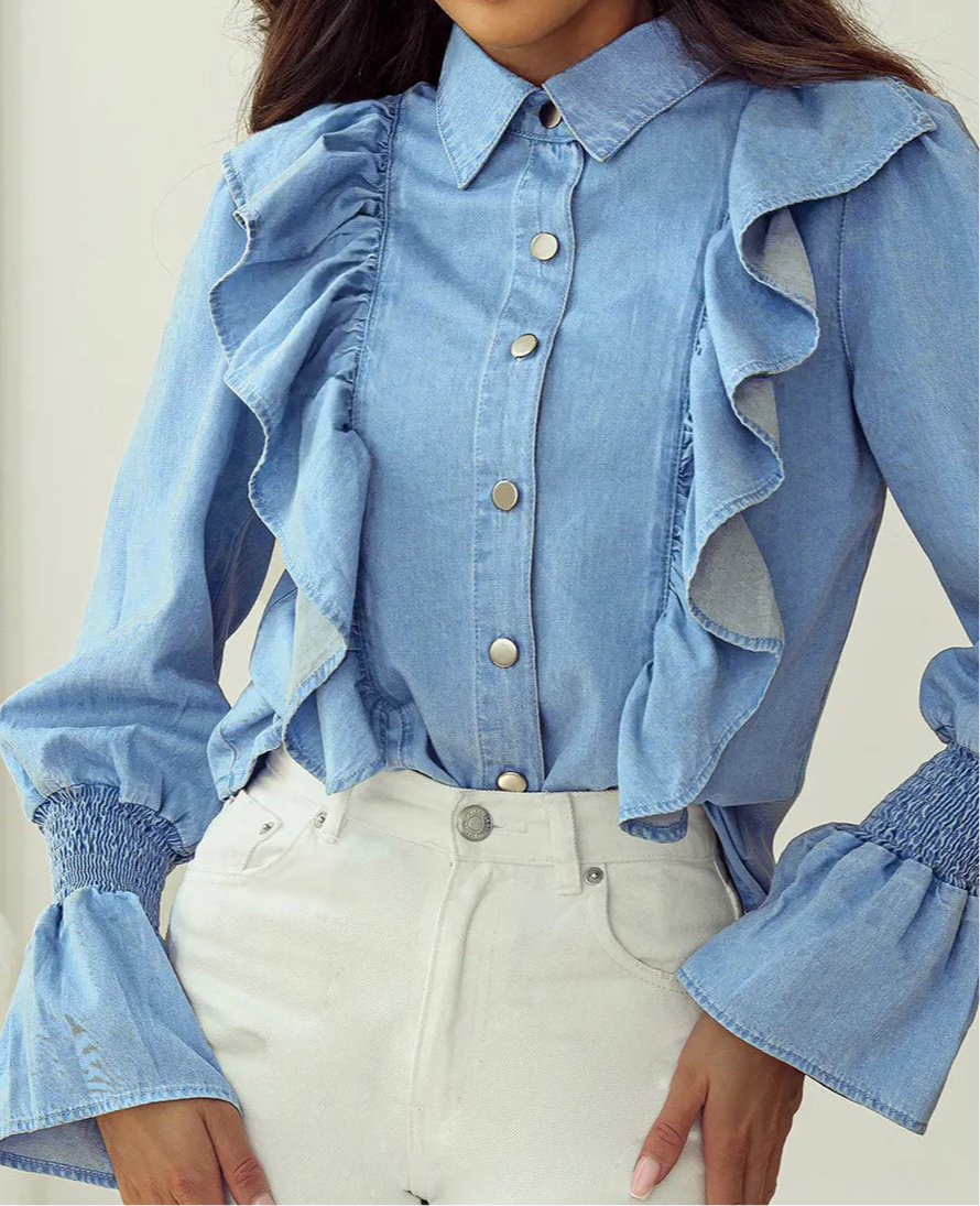 Ruffled Button Up Long Sleeve Denim Top