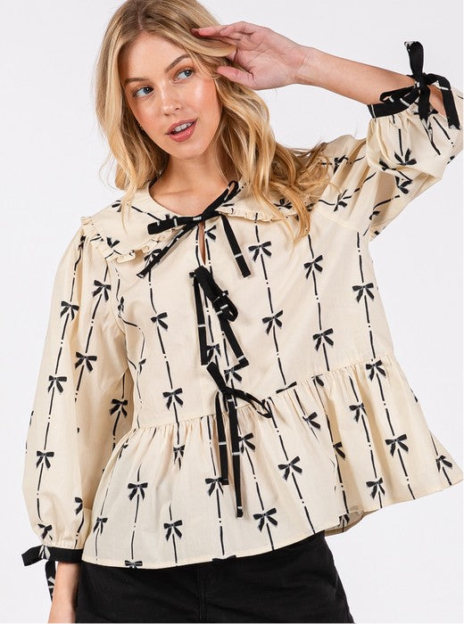 SAGE + FIG Bow Print Tie Front Babydoll Blouse JoJo Collection FREE SHIPPING