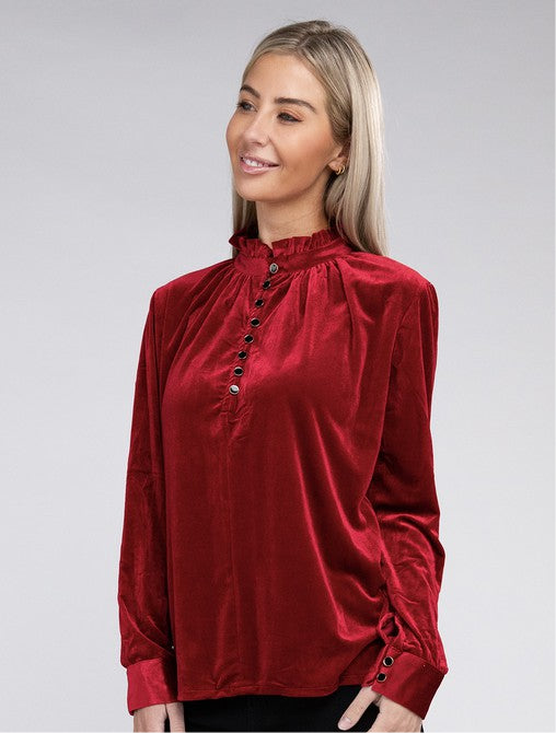 Frill Notched Neckline Velvet Blouse