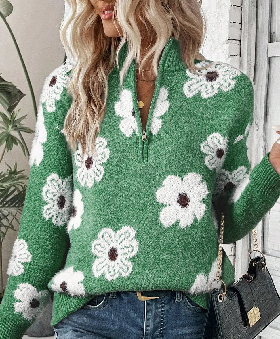 Flower Half Zip Long Sleeve Sweater