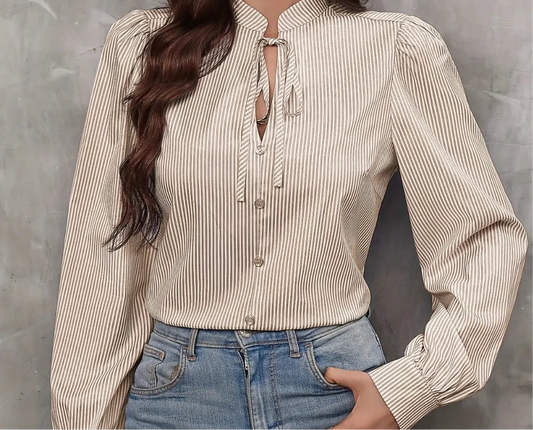 Tied Striped Long Sleeve Blouse