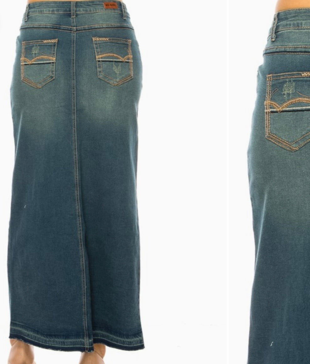 Be girl vintage wash long denim skirt blue jean