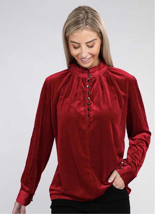 Frill Notched Neckline Velvet Blouse