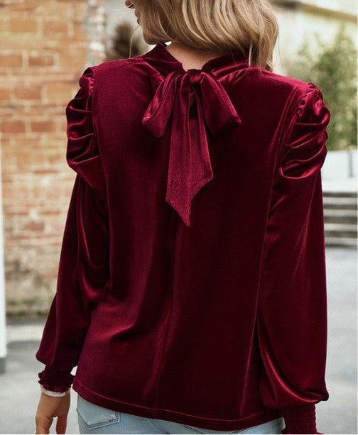 Puff Sleeve Key Hole Velvet Mock Smocked Blouse