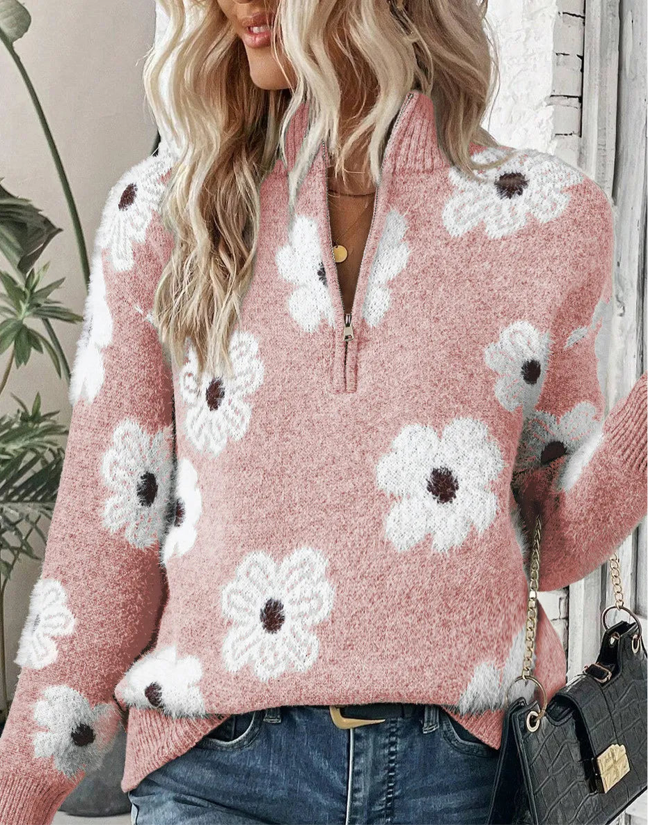 Flower Half Zip Long Sleeve Sweater