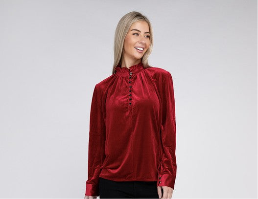 Frill Notched Neckline Velvet Blouse