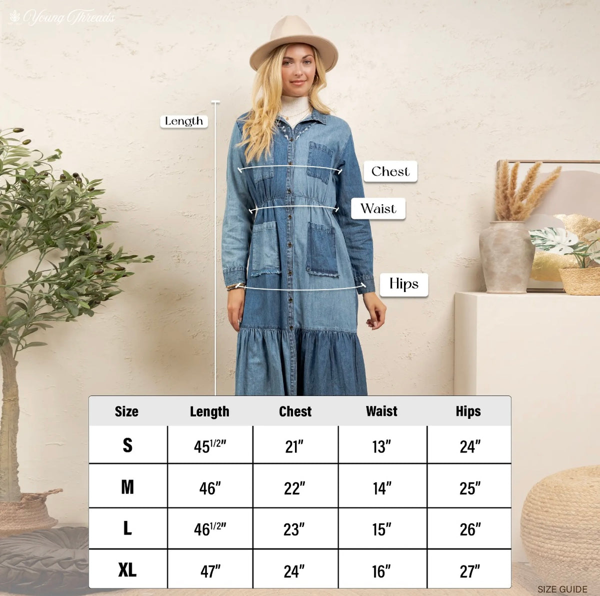 Young Threads Denim patchwork blue jean dress midi front pockets