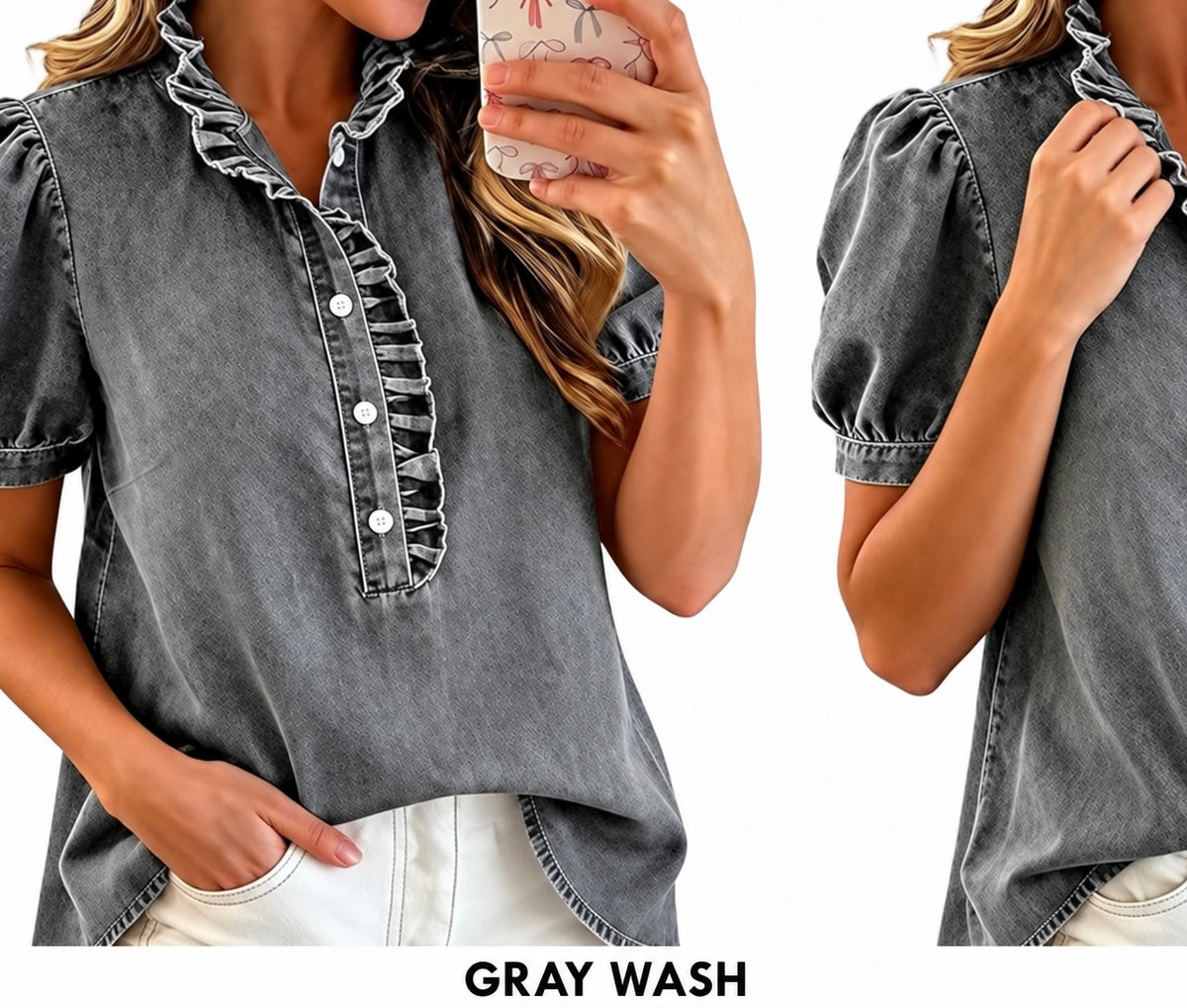 Frill Puff Sleeve Denim Top