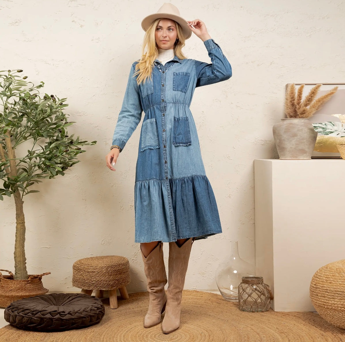 Young Threads Denim patchwork blue jean dress midi front pockets