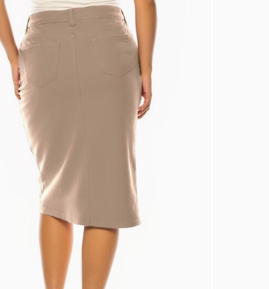 Tan Be Girl Denim blue jean stretch midi skirt