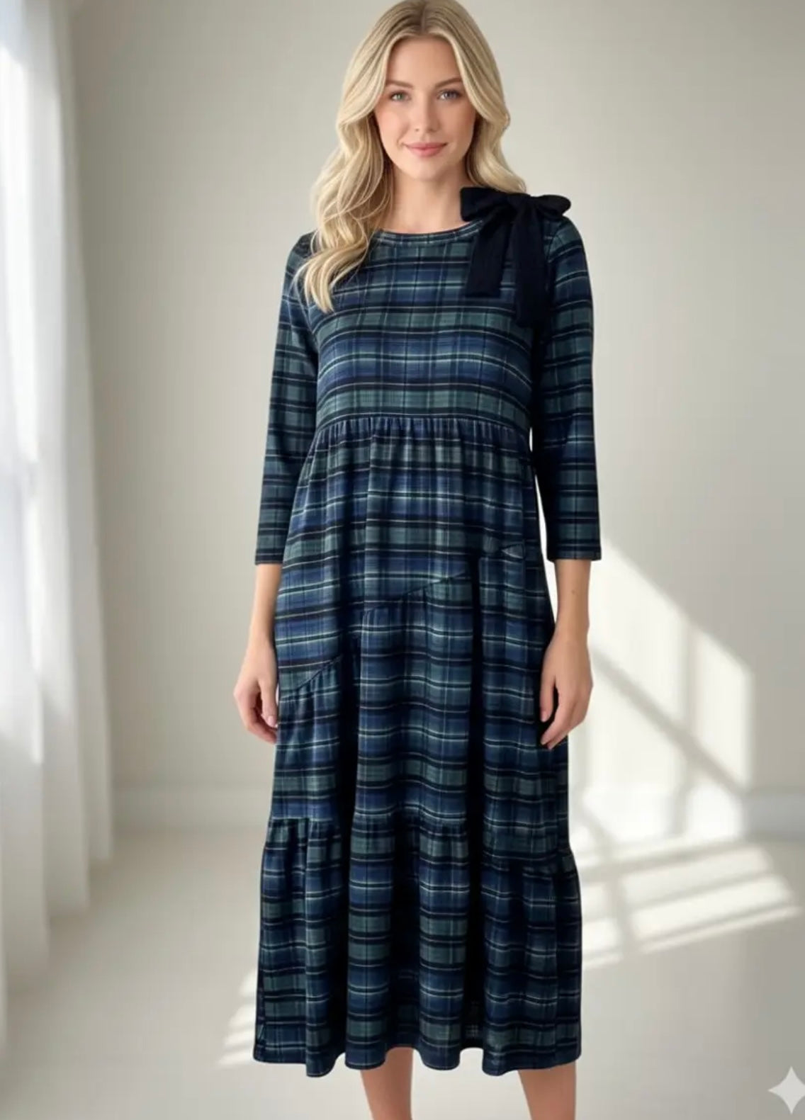 Celeste blue green plaid bow midi dress plus
