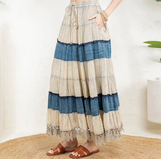 Young threads denim cotton layered skirt with pockets SHIPPING INCLUDED