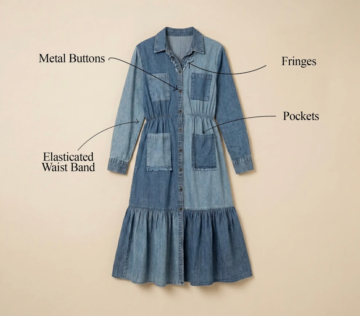 Young Threads Denim patchwork blue jean dress midi front pockets