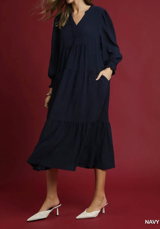 Umgee pocket navy dress midi FREE SHIPPING
