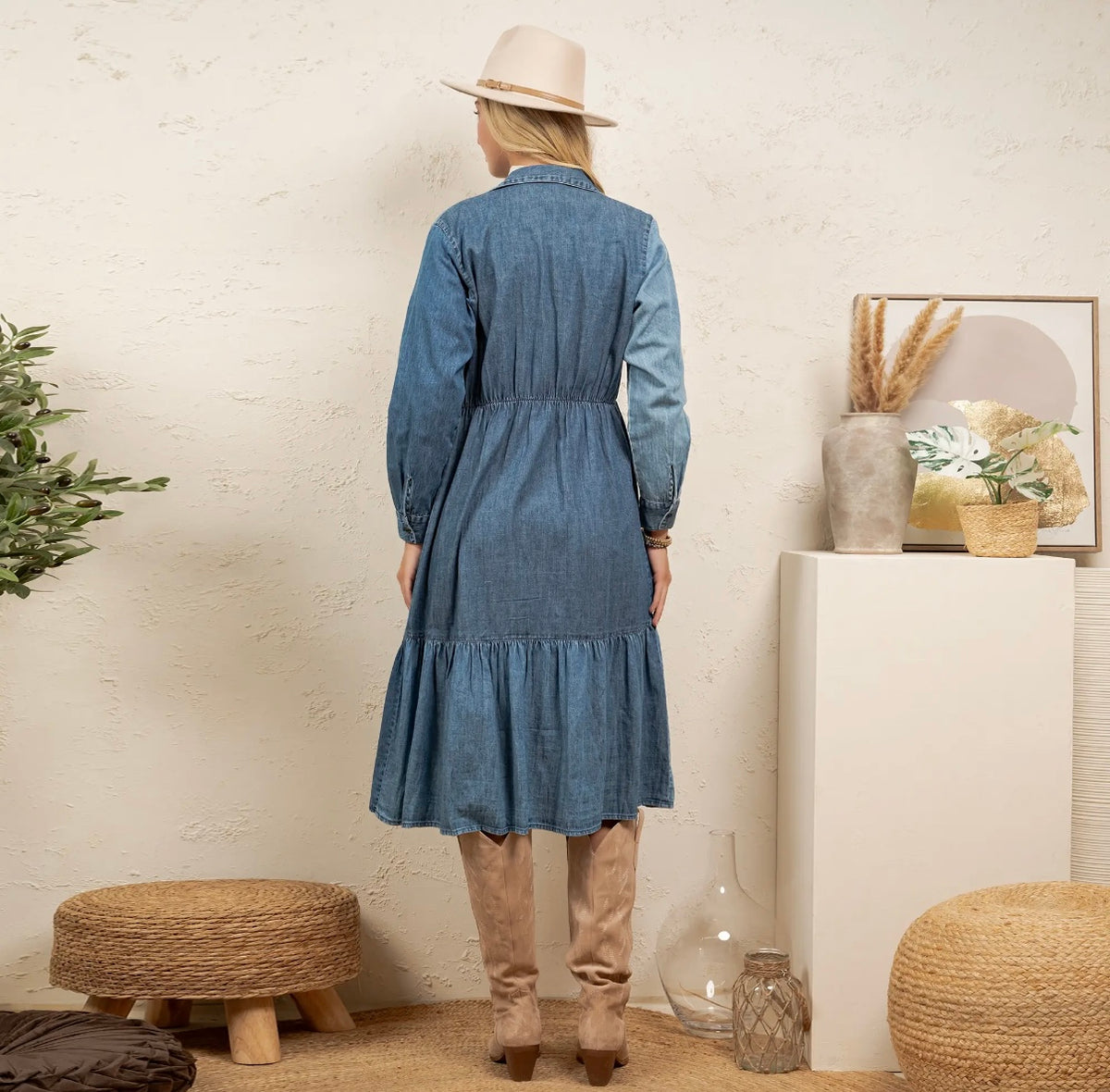 Young Threads Denim patchwork blue jean dress midi front pockets