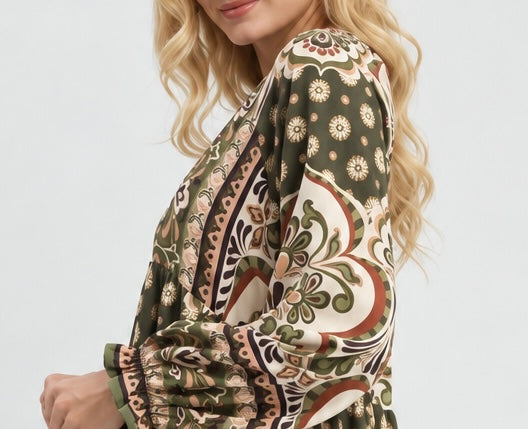 Umgee Bohemian Madallion print tiered maxi midi dress pockets
