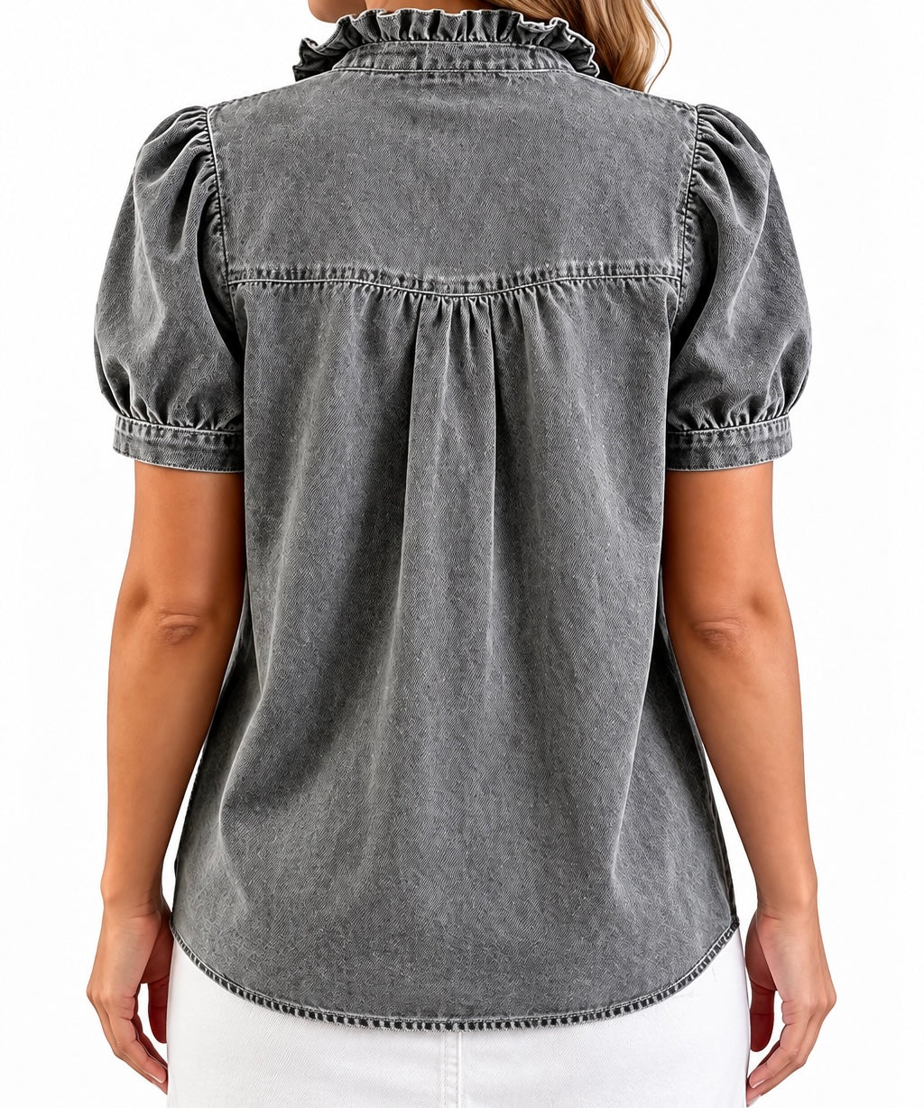 Frill Puff Sleeve Denim Top