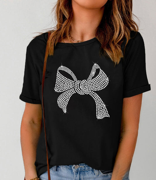 Rhinestone Bow Graphic Round Neck Short Sleeve T-Shirt JoJo Collection FREE SHIPPING