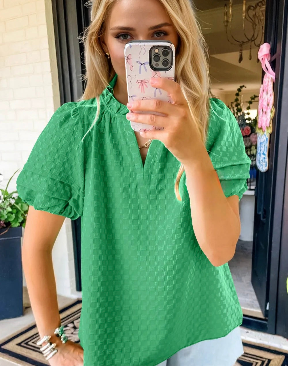 Oh Full Size Frill Notched Puff Sleeve Blouse