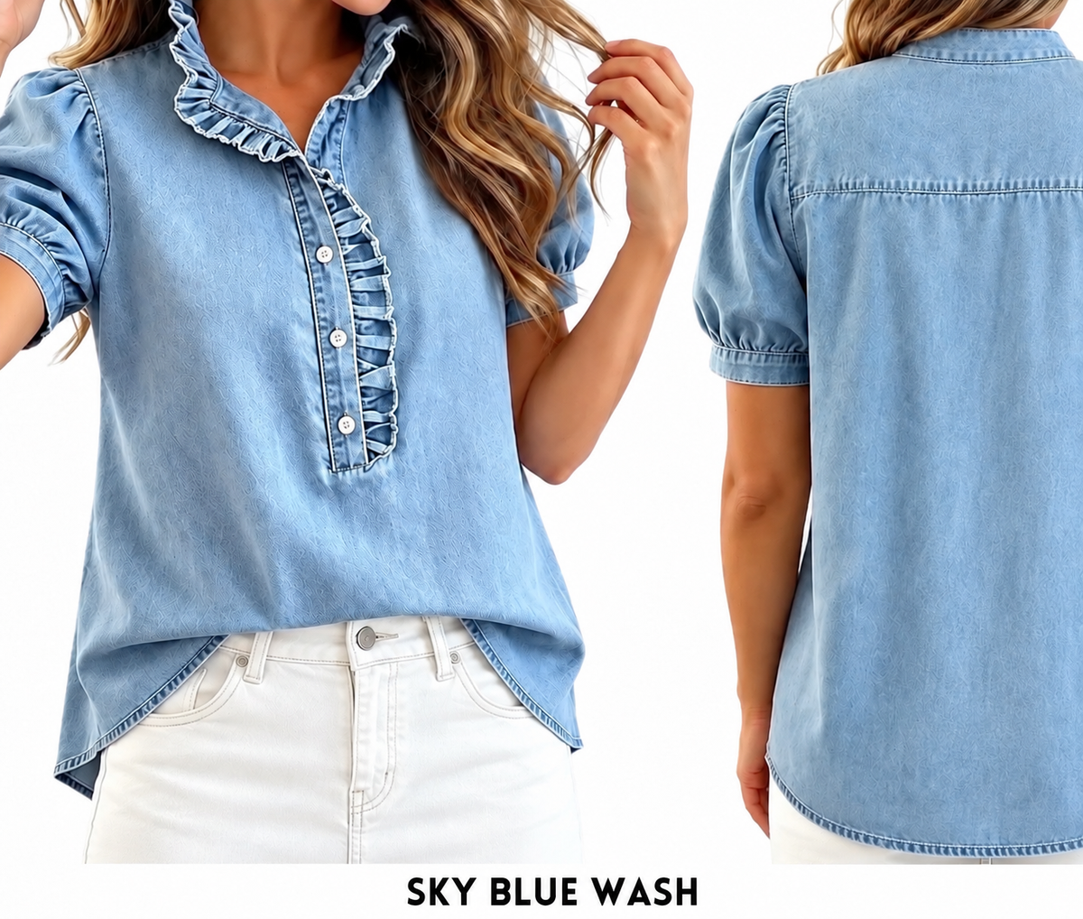 Frill Puff Sleeve Denim Top