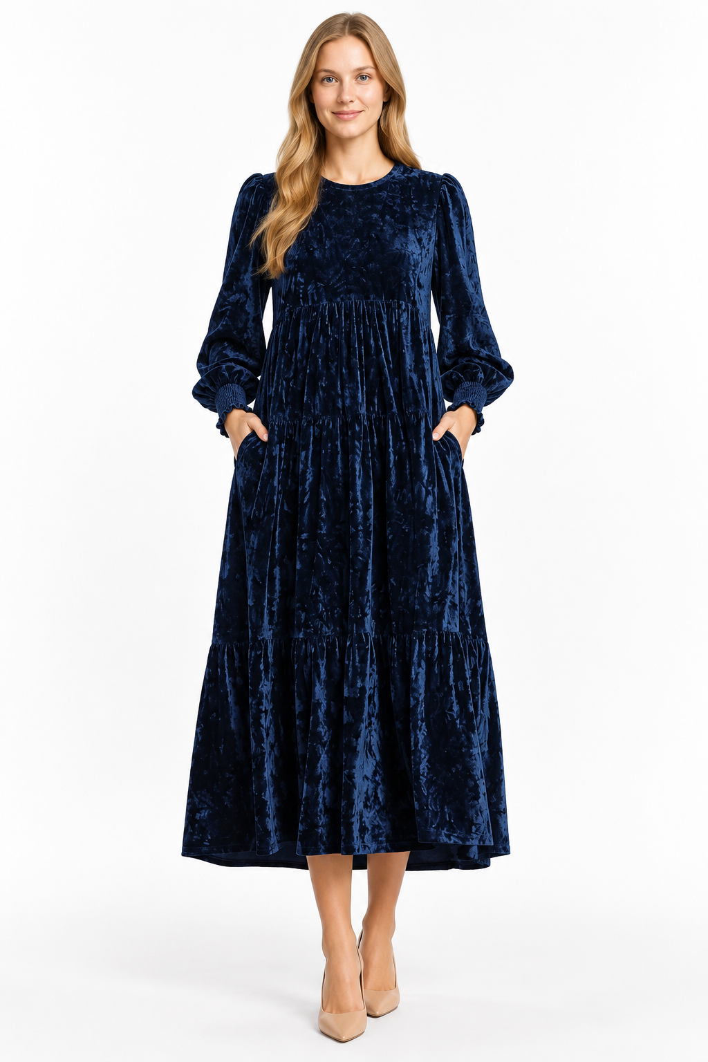 Umgee navy blue soft velvet dress midi pockets
