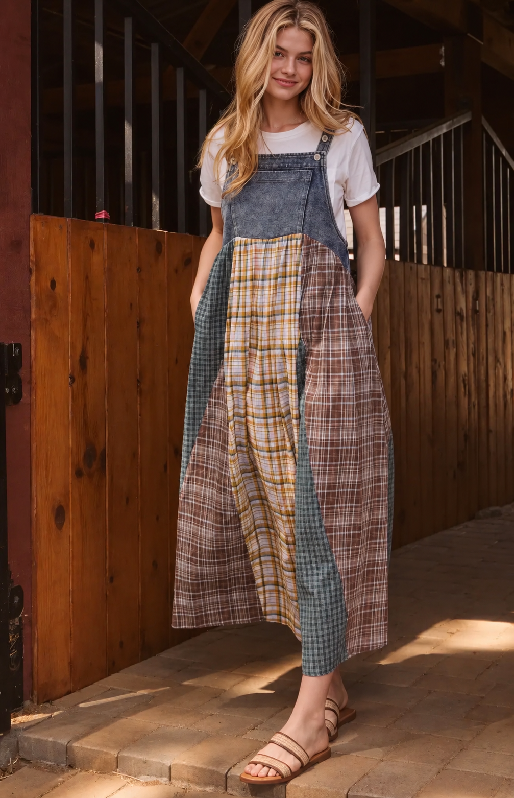 Oddi brown bibbed denim jumper dress