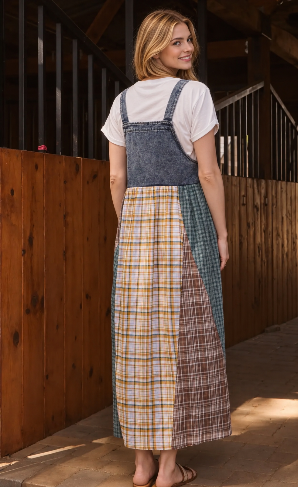 Oddi brown bibbed denim jumper dress