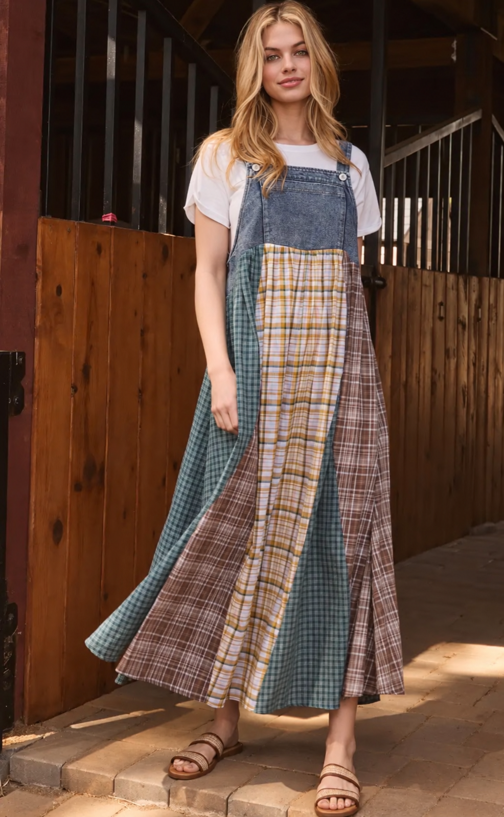 Oddi brown bibbed denim jumper dress