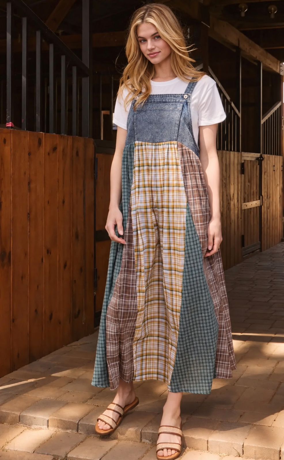 Oddi brown bibbed denim jumper dress
