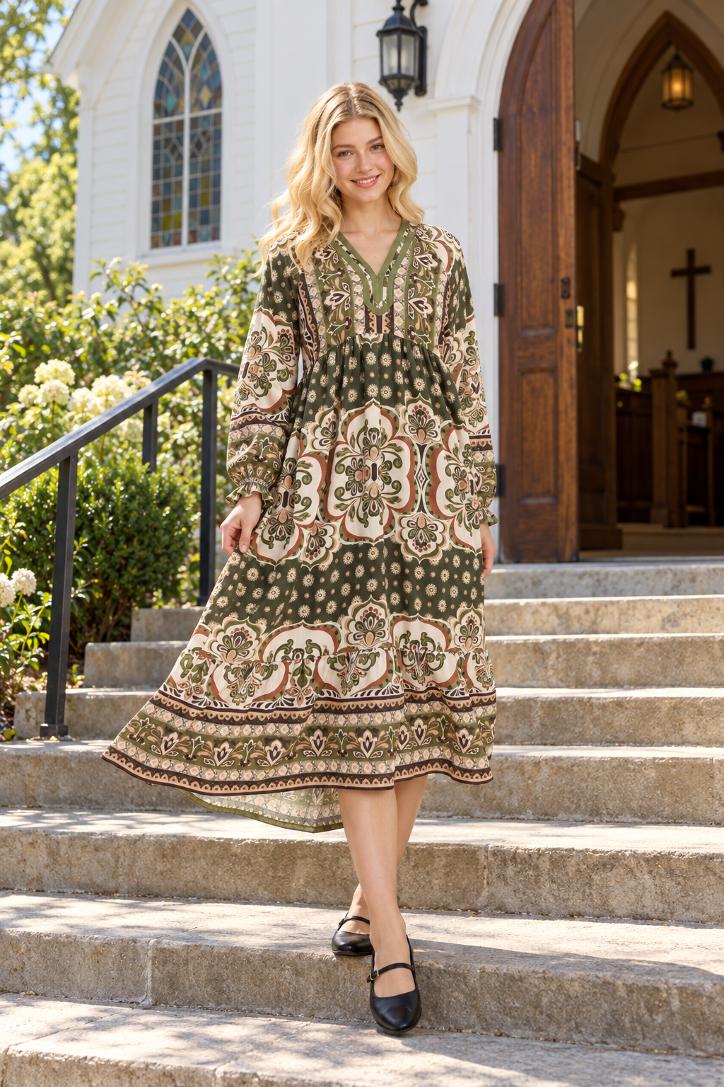 Umgee Bohemian Madallion print tiered maxi midi dress pockets