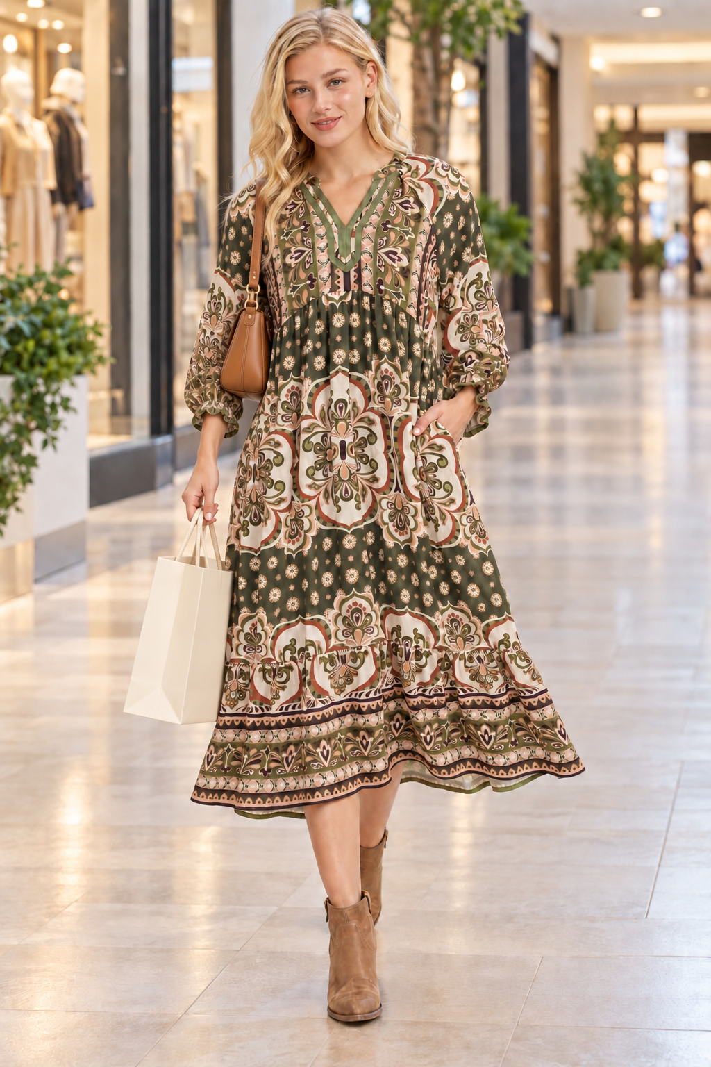 Umgee Bohemian Madallion print tiered maxi midi dress pockets