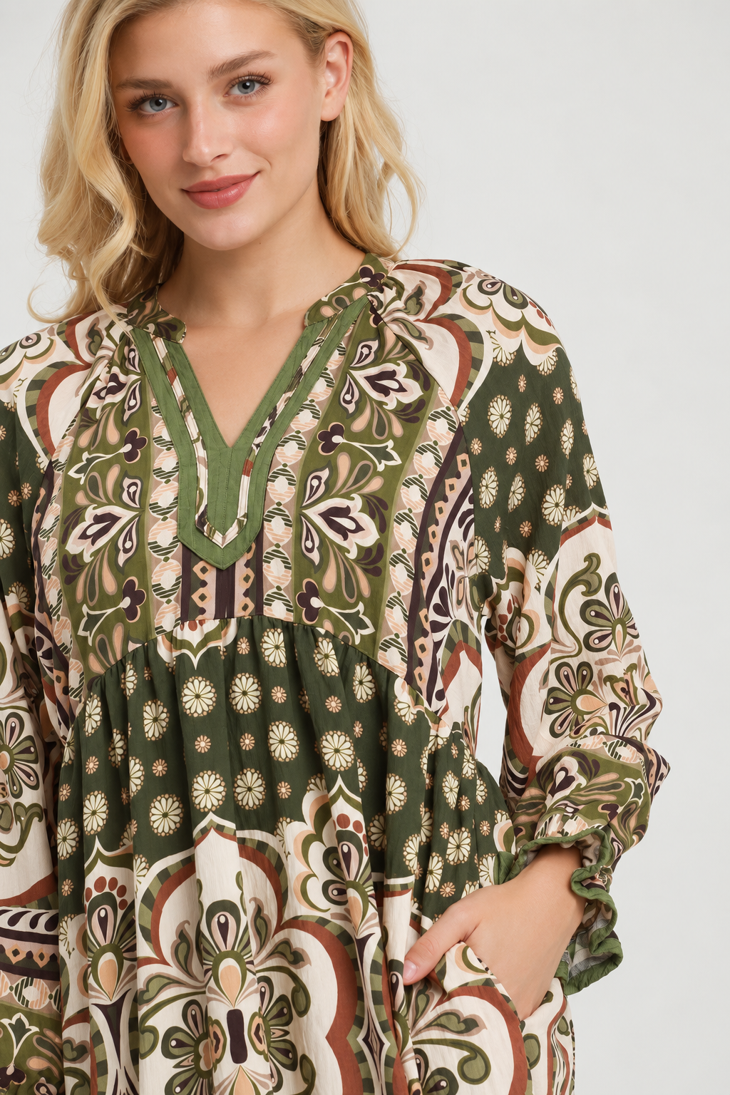 Umgee Bohemian Madallion print tiered maxi midi dress pockets