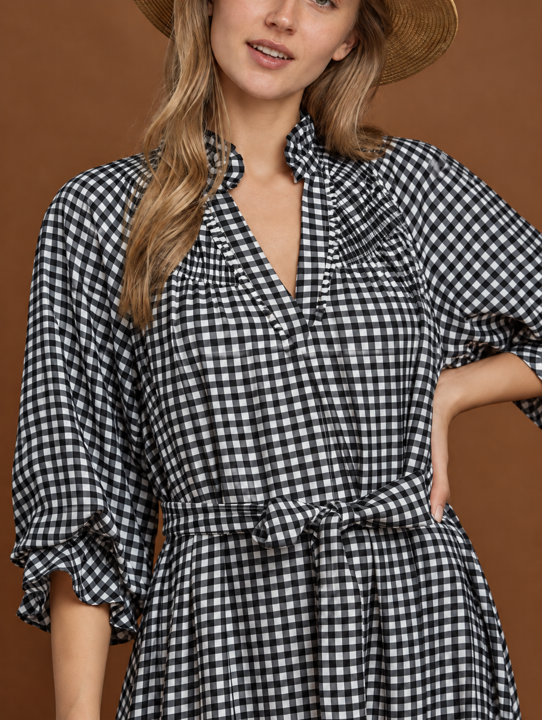 Umgee gingham checked pocket dress midi black