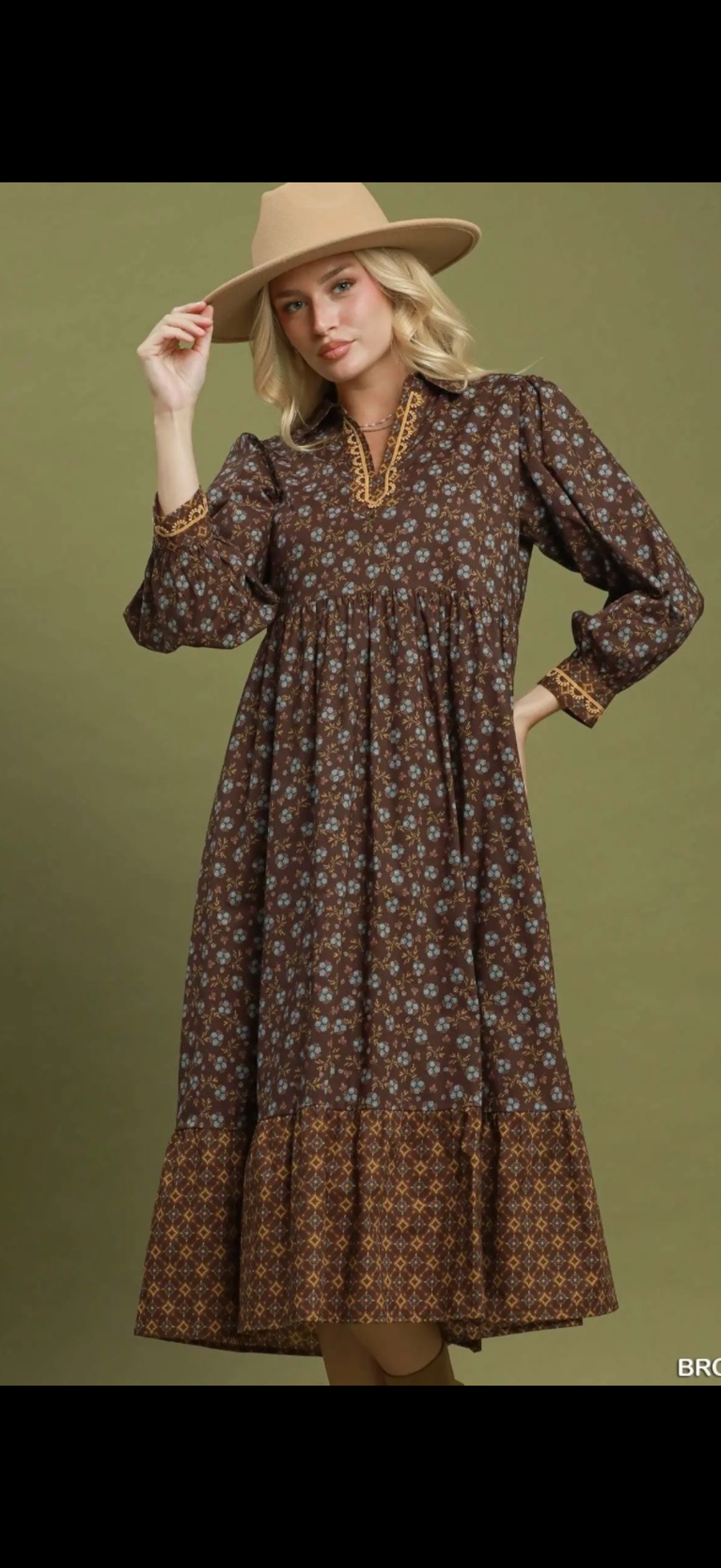 Umgee brown yellow bohemian prairie dress pockets