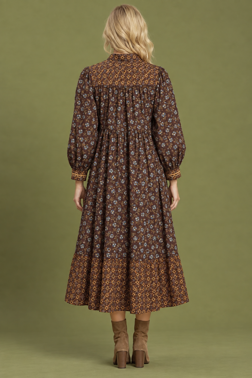 Umgee brown yellow bohemian prairie dress pockets