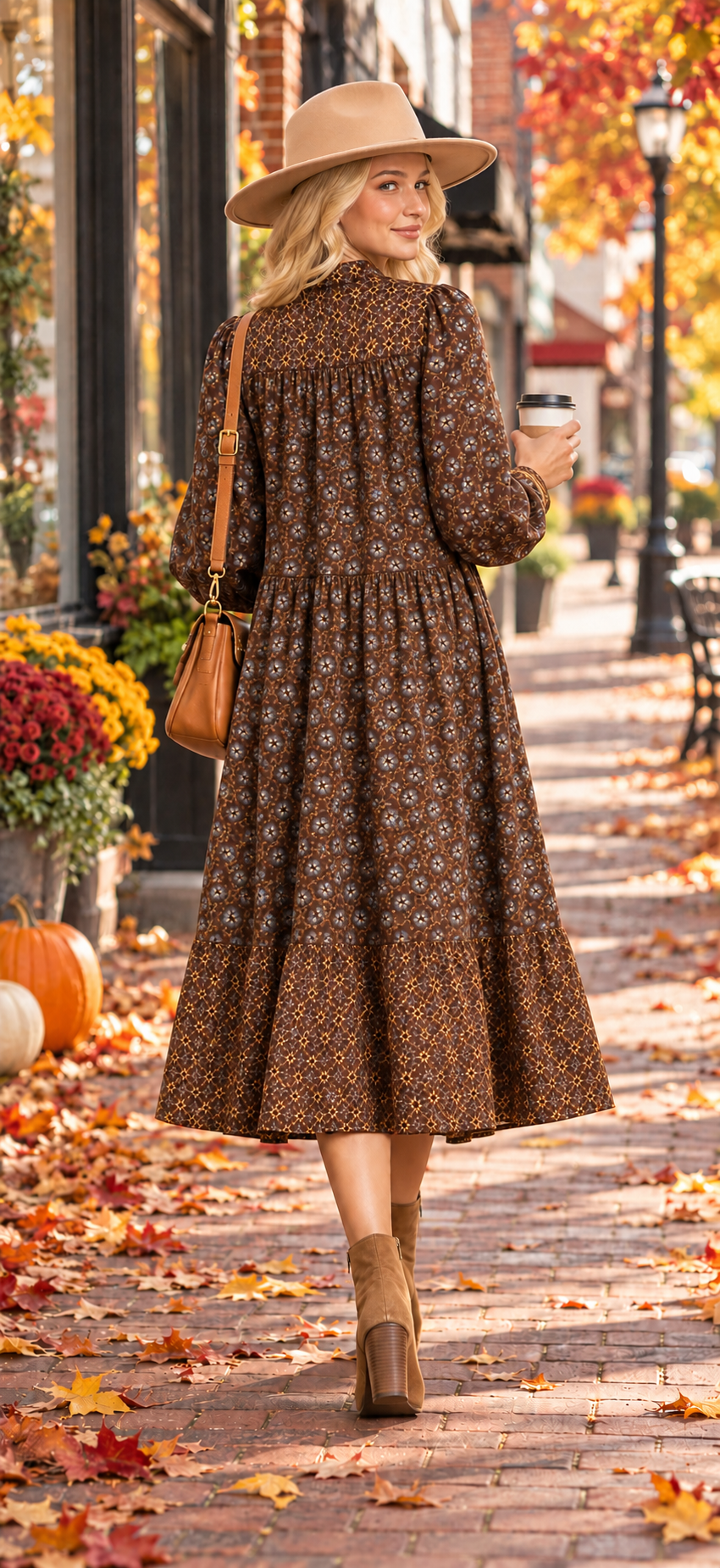 Umgee brown yellow bohemian prairie dress pockets