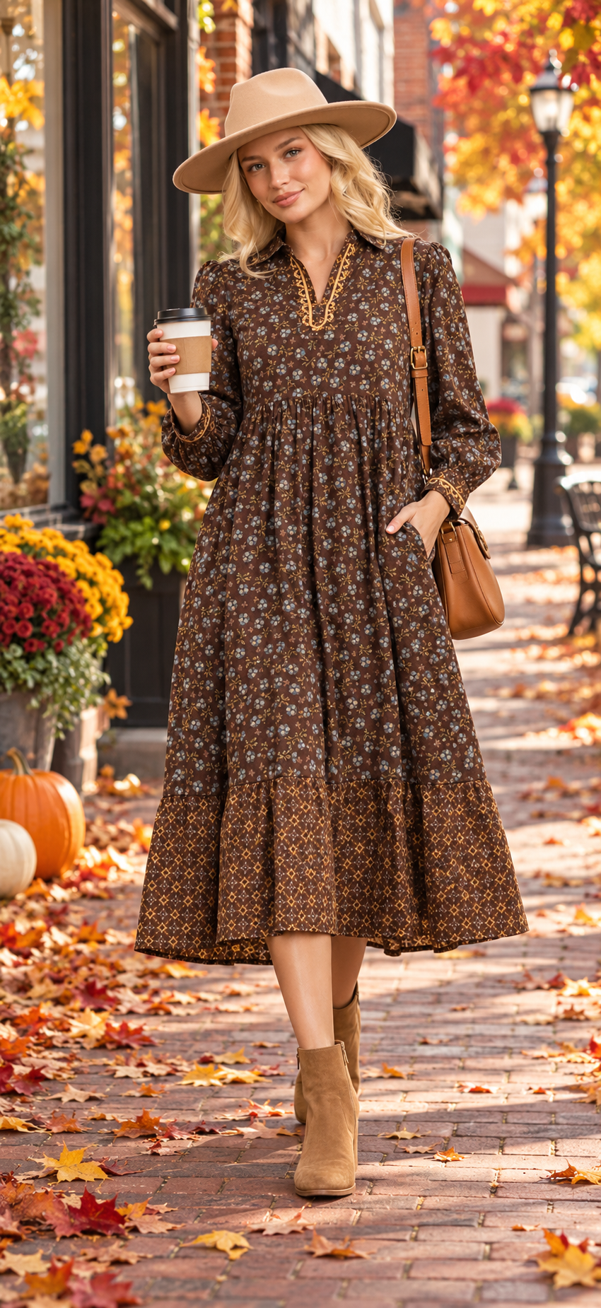 Umgee brown yellow bohemian prairie dress pockets