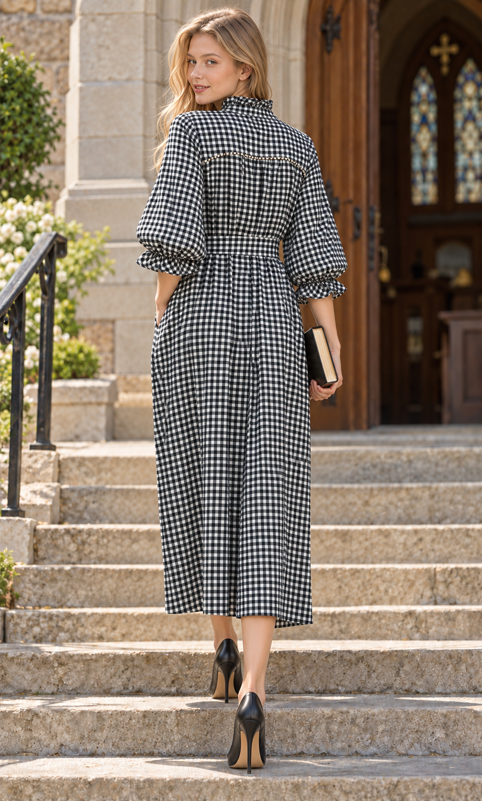 Umgee black white gingham checked pocketed midi belted midi dress