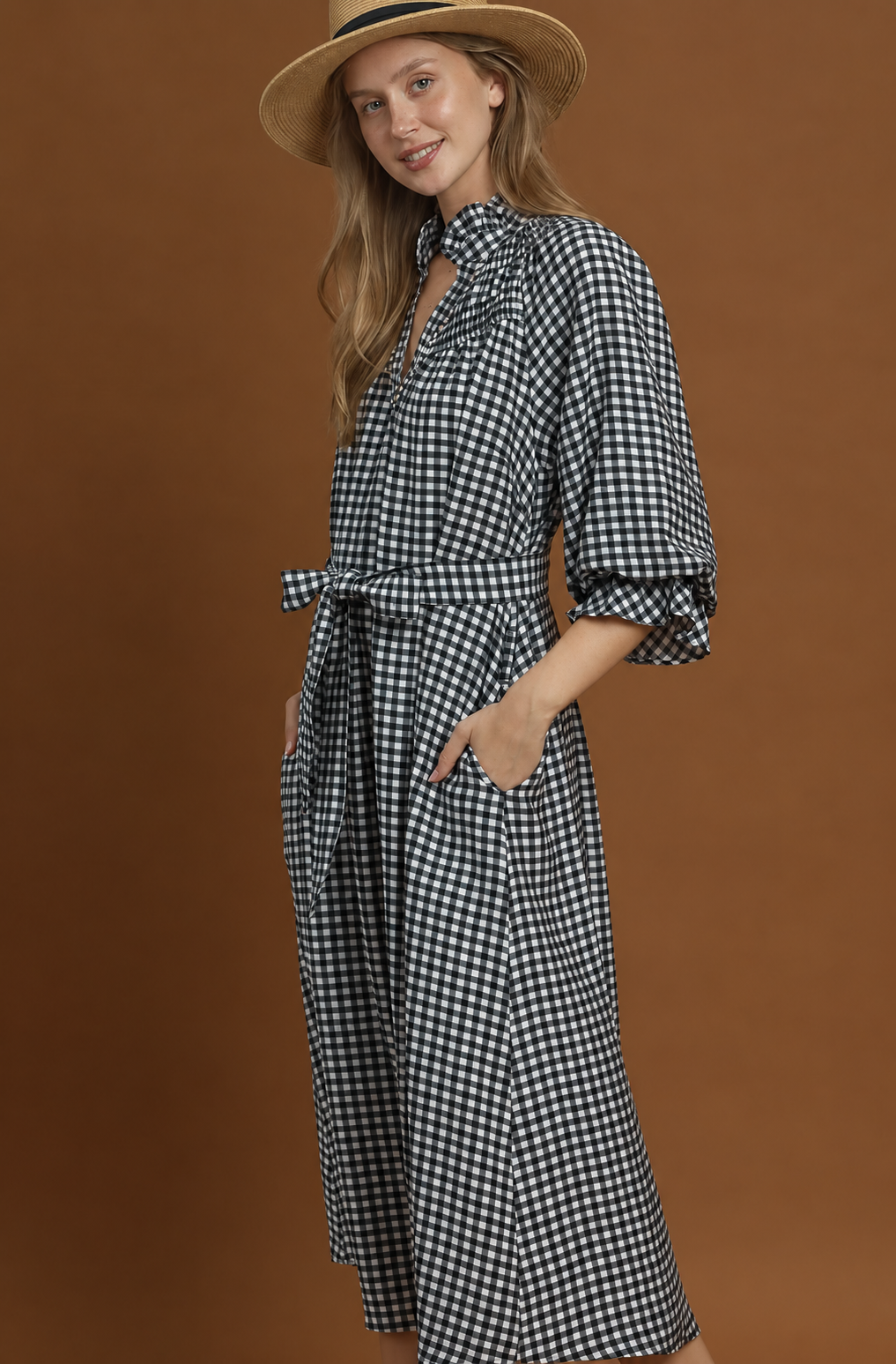 Umgee black white gingham checked pocketed midi belted midi dress