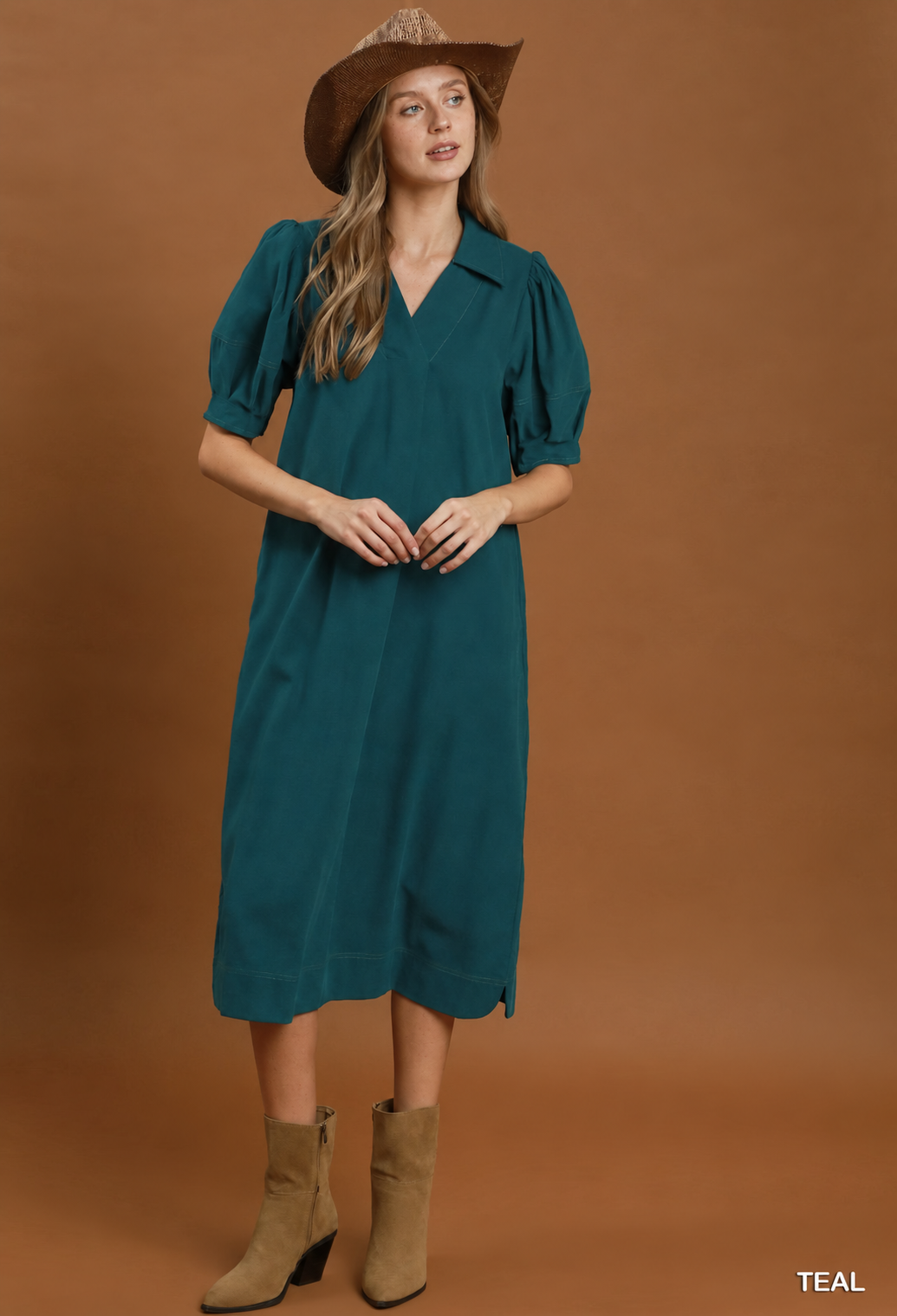 Umgee teal corduroy midi dress pockets