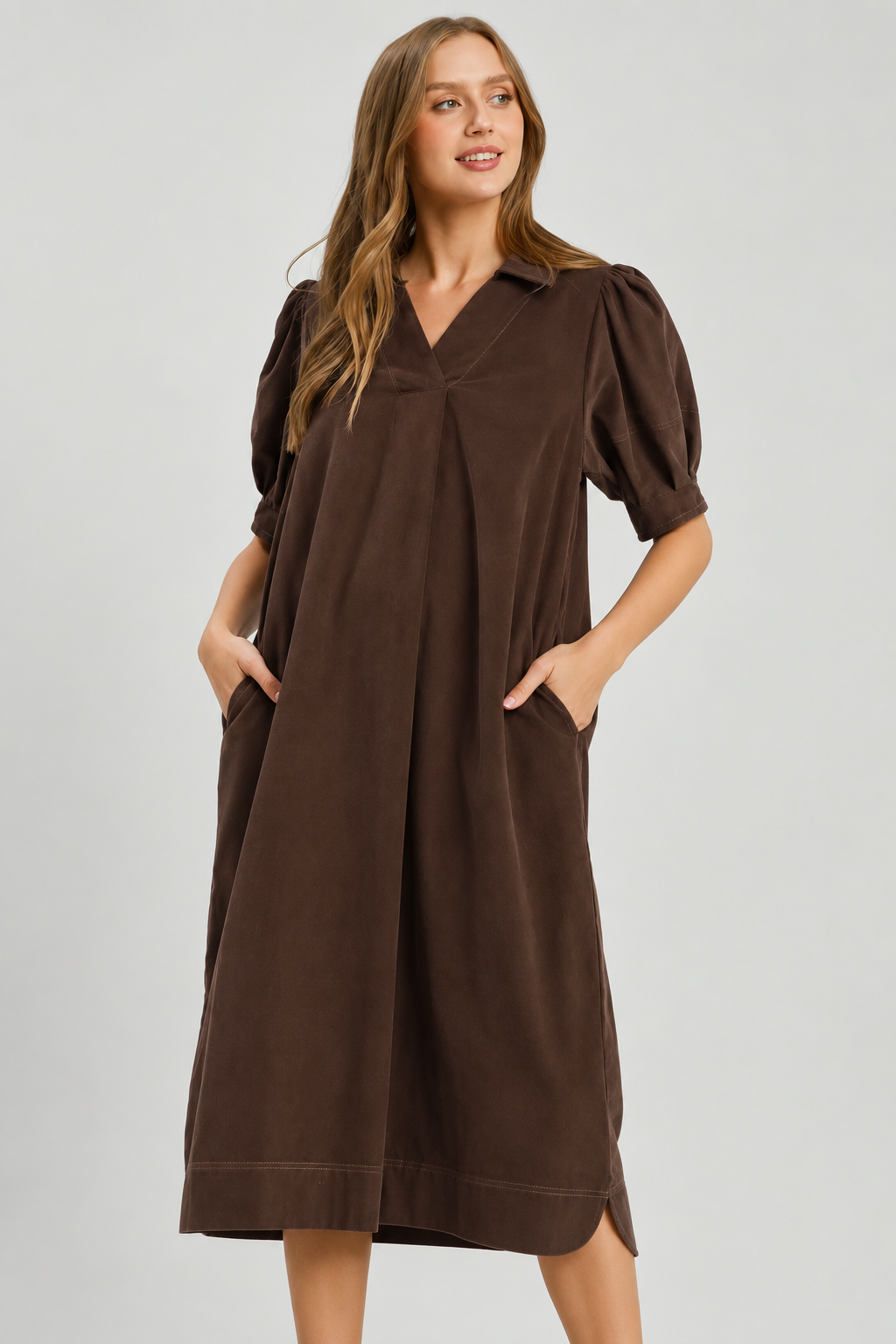 Umgee brown corduroy midi dress pockets