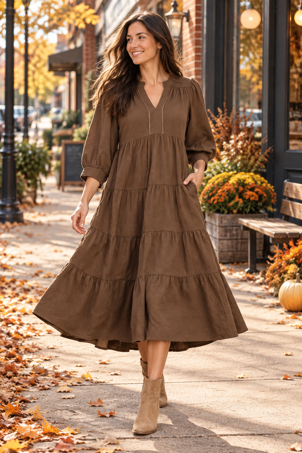 Umgee brown seersucker dress pockets